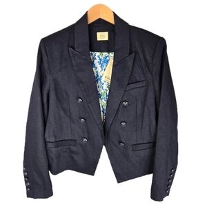 Elie Tahari Womens Linen Blend Crop Blazer Sz 8 Crest Buttons Open Front Lined